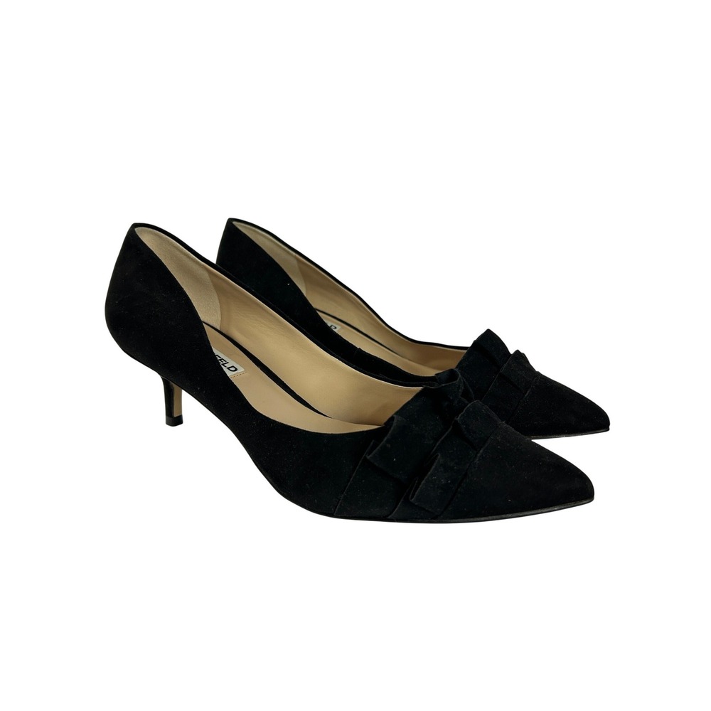 Karl Lagerfeld Paris Black Suede Ruffle Bow Pointed Toe Kitten Heel Pumps Size 9